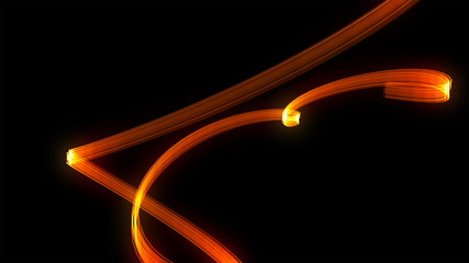 A orange light streak whips around a black background 3d illustration