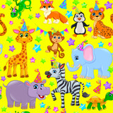 Fototapeta Pokój dzieciecy - Seamless animal pattern stars birthday cone on yellow