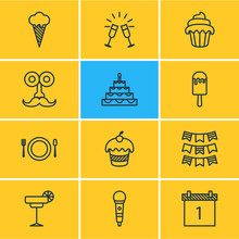 Vector Illustration Of 12 Party Icons. Editable Pack Of Patisserie, Man Style, Date Block And Other Elements.