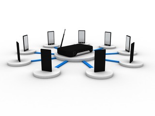 Poster - 3d rendering Transmitter WiFi with mobile phone 
