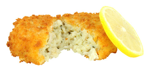 Wall Mural - Breadcrumb covered cod fish cake isolated on a white background