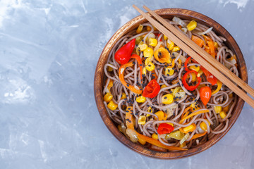 Canvas Print - Buckwheat soba noodles with vegetables. Love for a healthy vegan food concept.