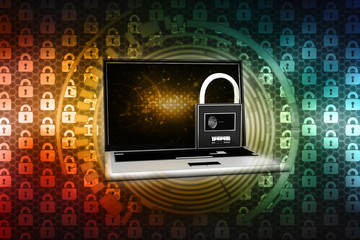 Poster - 3d illustration safety concept: closed padlock with laptop on digital background