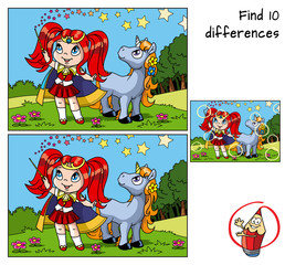 Wall Mural - Cute little witch girl with a magic wand and young unicorn. Find 10 differences. Educational game for children. Cartoon vector illustration