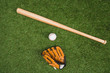 Top view of baseball bat with glove and ball on green grass