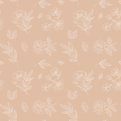 Poster - Vector seamless pattern with flowers and leaves in linear style - packaging background or wrapping paper for natural cosmetics
