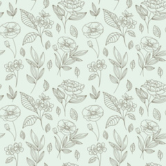 Poster - Vector seamless pattern with flowers and leaves in linear style - packaging background or wrapping paper for natural cosmetics