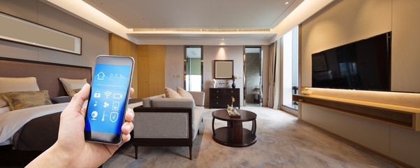 Poster - mobile phone with luxury bedroom in smart home