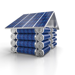 housing concept batteries solar panels white background. alternative renewable energy