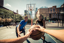 Two Street Basketball Players Playing Hard On The Court