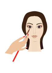 Poster - Female face close-up, hand stylist paints eye brush, art creative modern vector illustration.