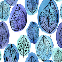 Wall Mural - Seamless pattern with hand drawn leaves on a blue watercolor background . Abstract artistic background.