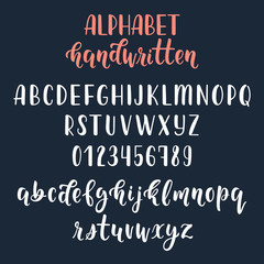 White handwritten latin calligraphy brush script with numbers and symbols. Calligraphic alphabet. Vector