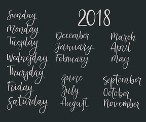 Poster - Handwritten Months, Days of Week. Modern Calligraphy. Isolated on White Background. Vector illustration for design calendar 2018, greeting card, planner, organizer, invitation.