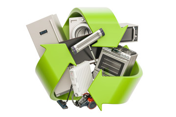 Poster - Green recycle symbol with household appliances, 3D rendering