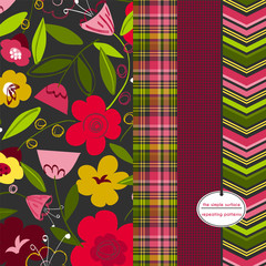 Wall Mural - Abstract floral seamless pattern. Repeating patterns for fabric, kids apparel, gift wrap, baby shower, backgrounds and more. Flower, plaid, gingham and chevron print. Pink, red, green and yellow.