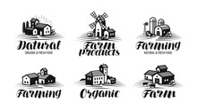Farm, Farming Label Set. Agriculture, Agribusiness, Building Icon Or Logo. Lettering Vector Illustration
