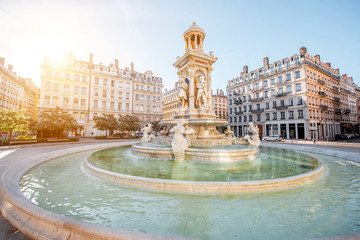 Wall Mural - Morning view on Jacobins square and beautiful fountain in Lyon city, France