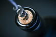 wine cork in bottle and corkscrew and blurry background, photographed from above for winemaker business card or book cover