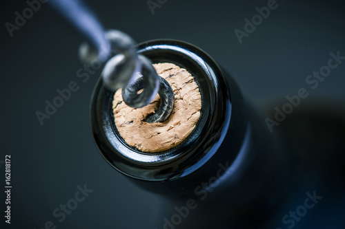 wine cork in bottle and corkscrew and blurry background, photographed from above for winemaker business card or book cover © zozzzzo