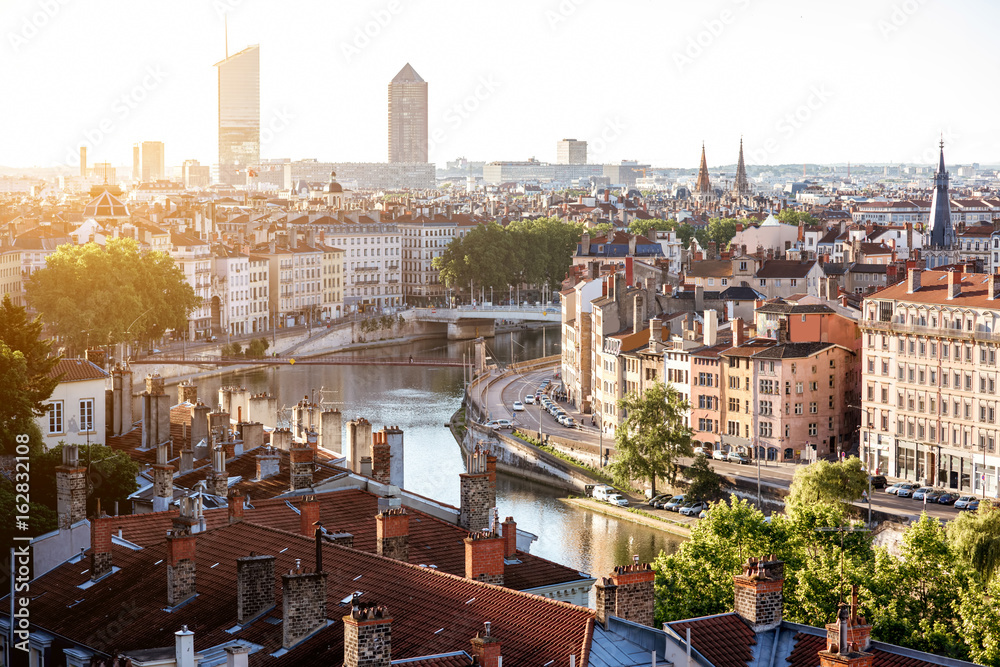 Morning aerial cityscape view with beautiful old buildings and skyscrapers in Lyon city, France - obrazy, fototapety, plakaty 