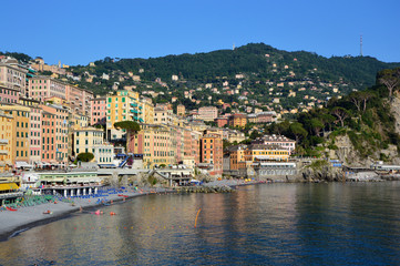 CAMOGLI, ITALY - JUNE 13, 2017: beautiful view of Camogli beach with bathers, Liguria, Italy