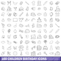 Poster - 100 children birthday icons set, outline style