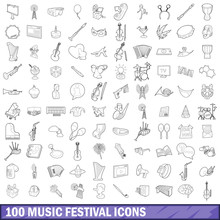 100 Music Festival Icons Set, Outline Style