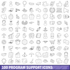 Poster - 100 program support icons set, outline style
