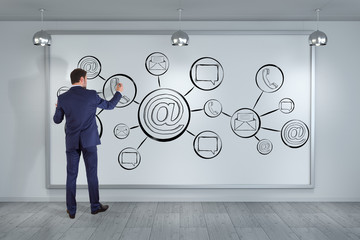 Wall Mural - Businessman drawing contact and internet sketch on a board 3D rendering