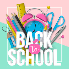 back to school banner design with lettering and school supplies. flat lay style