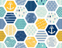 Seamless Pattern With Nautical Elements, Patchwork Tiles. Can Be Used On Packaging Paper, Fabric, Background For Different Images, Etc. Freehand Drawing