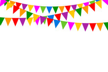 Holiday Background With Colorful Party Flags On White Background. Vector Illustration. Flat Design.
