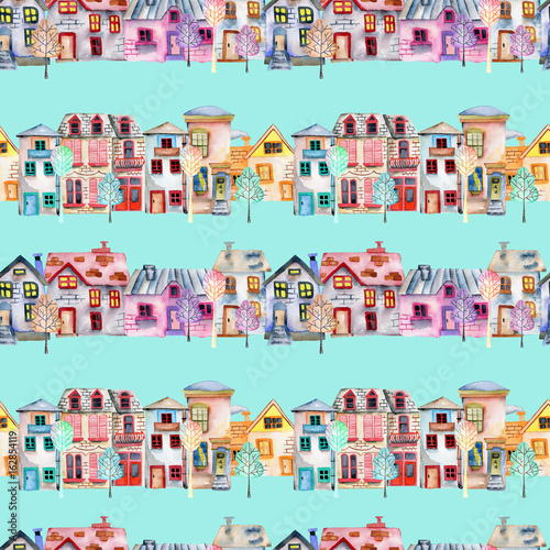 Photo Seamless pattern with cute cartoon watercolor english houses in a row and trees,