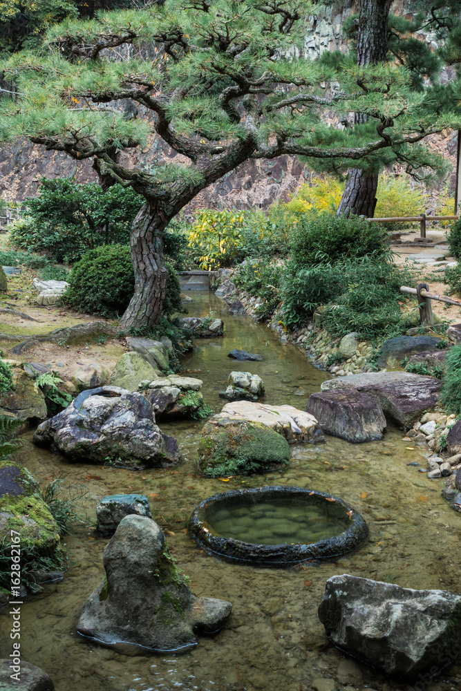 Stock-Foto bonsai moss rock river in zen garden | Adobe Stock