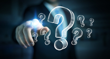 Poster - Businessman touching hand drawn question marks