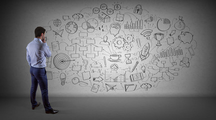 Poster - Businessman drawing a project sketch on a wall 3D rendering