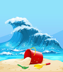 Sticker - Scene with big wave and beach