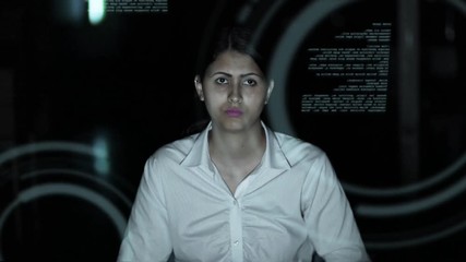 Poster - businesswoman looking at futuristic interface. IoT(Internet of Things). ICT(Information Communication Technology). GUI(Graphical User Interface). HUD(Heads up Display).