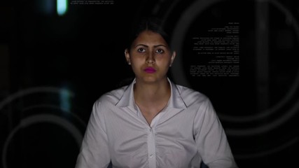 Poster - businesswoman looking at futuristic interface. IoT(Internet of Things). ICT(Information Communication Technology). GUI(Graphical User Interface). HUD(Heads up Display).