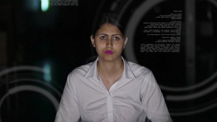 Poster - businesswoman looking at futuristic interface. IoT(Internet of Things). ICT(Information Communication Technology). GUI(Graphical User Interface). HUD(Heads up Display).