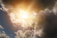 Sun Shining Through Stormy Clouds From The Top, Toned, Lens Flare