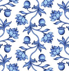 seamless floral pattern, medieval background, watercolor hand painted illustration, delft, indigo blue, flowers and leaves, vintage botanical wallpaper