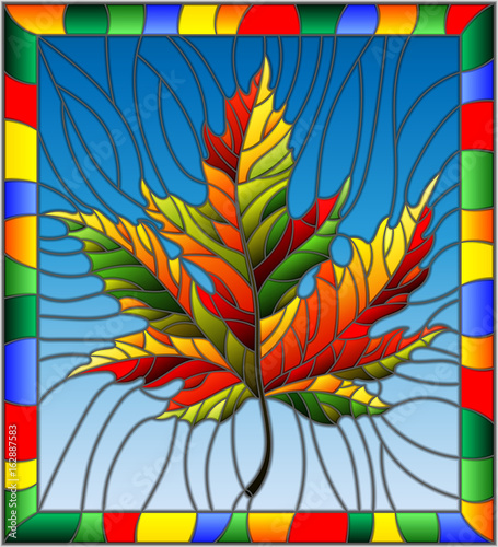 ilustracja-w-stylu-witrazu-z-jesien-lisc-klonu-na-niebieskim-tle-w