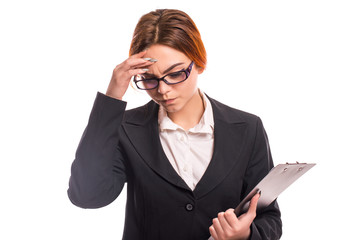 Business woman with documents on white background