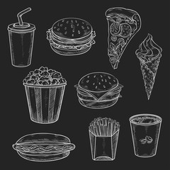 Wall Mural - Fast food meals vecor icons set of chalk sketch