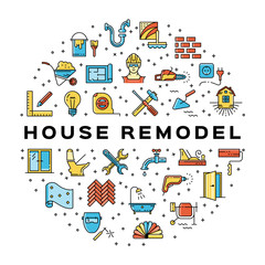 Wall Mural - House remodel circle infographics Сonstruction icon. Home repair thin line art icons. Symbols hammer and screwdriver, plumbing, construction tools, wallpaper and etc. Vector flat illustration