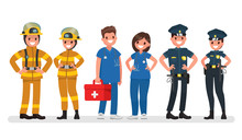 Police, Fire And Ambulance. Emergency Services. Vector Illustration In A Flat Style