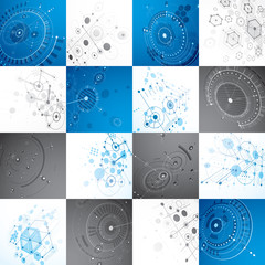 Fototapete - Collection of Bauhaus wallpapers, art dimensional vector background made with honeycombs, lines and circles. Graphic 1960s illustration can be used as booklet cover design. 3d technological pattern.