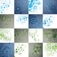 Fototapete - Set vector Bauhaus backgrounds made with grid and overlapping geometric elements, circles and honeycombs. Retro artworks, technology style dimensional graphic templates for advertising poster.